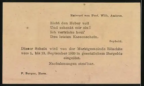 Notgeld Röschitz 1920, 10 Heller, Ortsansicht und Gedicht