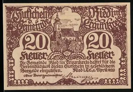 Notgeld Ried im Traunkreis 1920, 20 Heller, Kirche und Gedicht