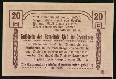 Notgeld Ried im Traunkreis 1920, 20 Heller, Kirche und Gedicht