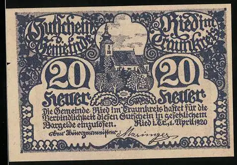 Notgeld Ried im Traunkreis 1920, 20 Heller, Gedicht und Kirche