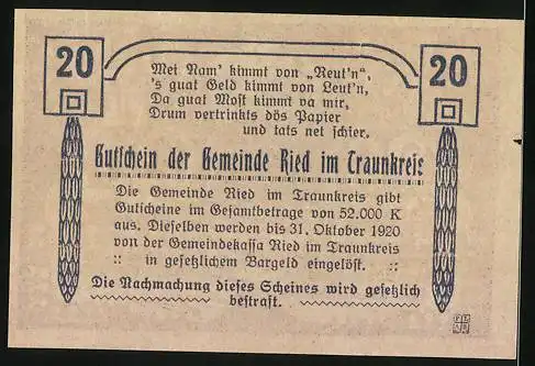 Notgeld Ried im Traunkreis 1920, 20 Heller, Gedicht und Kirche