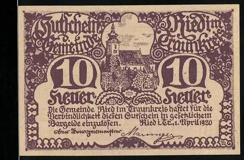 Notgeld Ried im Traunkreis 1920, 10 Heller, Kirche und Gedicht