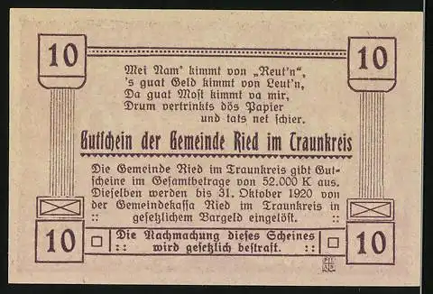 Notgeld Ried im Traunkreis 1920, 10 Heller, Kirche und Gedicht