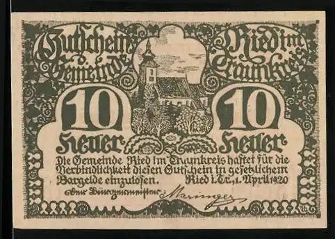 Notgeld Ried im Traunkreis 1920, 10 Heller, Kirche und Rückseite mit Gedicht