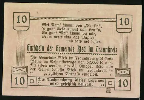 Notgeld Ried im Traunkreis 1920, 10 Heller, Kirche und Rückseite mit Gedicht