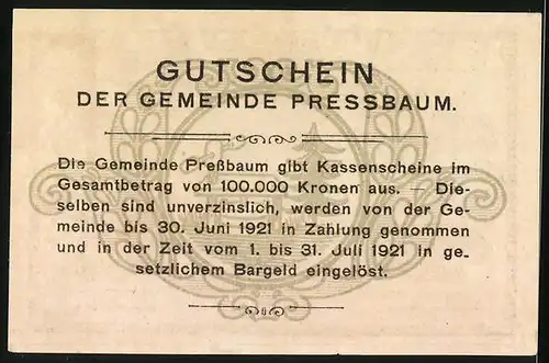 Notgeld Pressbaum 1920, 80 Heller, Ortsansicht mit Kirche