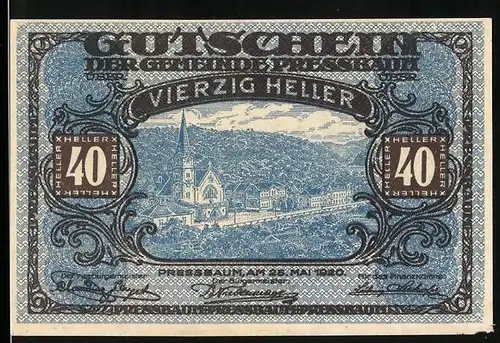 Notgeld Pressbaum 1920, 40 Heller, Blick auf Ort und Kirche