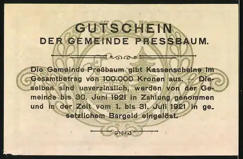 Notgeld Pressbaum 1920, 40 Heller, Blick auf Ort und Kirche