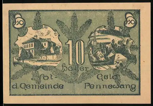 Notgeld Pennewang 1920, 10 Heller, Kirche und Ortsansicht mit Tannenzweigen