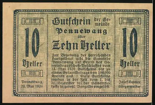 Notgeld Pennewang 1920, 10 Heller, Kirche und Ortsansicht mit Tannenzweigen