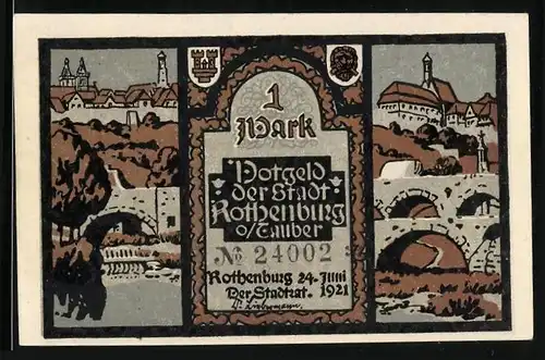 Notgeld Rothenburg o/ Tauber 1921, 1 Mark, Ortsansichten und Statuen