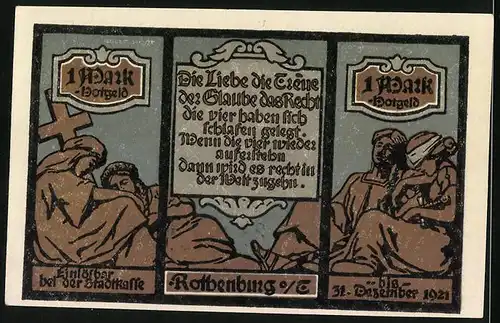 Notgeld Rothenburg o/ Tauber 1921, 1 Mark, Ortsansichten und Statuen