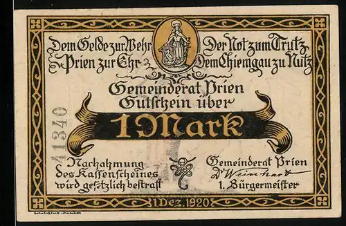 Notgeld Prien am Chiemsee 1920, 1 Mark, Person mit Schwert und Schild
