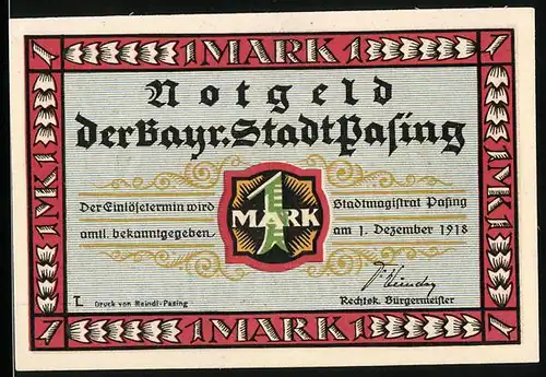 Notgeld Pasing 1918, 1 Mark, Stadtwappen und Bayern-Wappen