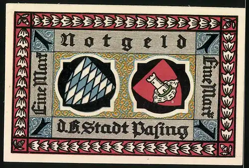 Notgeld Pasing 1918, 1 Mark, Stadtwappen und Bayern-Wappen