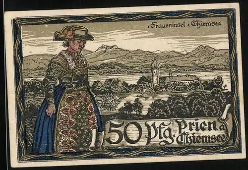 Notgeld Prien am Chiemsee 1920, 50 Pfennig, Fraueninsel mit Frau