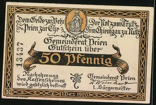 Notgeld Prien am Chiemsee 1920, 50 Pfennig, Fraueninsel mit Frau