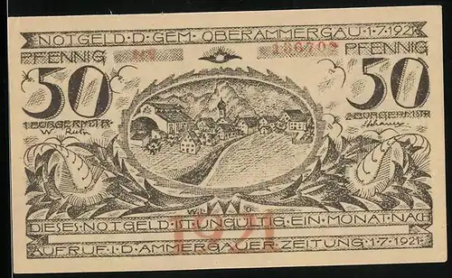 Notgeld Oberammergau 1921, 50 Pfennig, Ortsansicht und Kruzifix