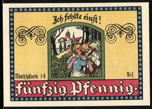 Notgeld Manebach 1921, 50 Pfennig, Mönchhofserie: Mönch küsst Frau
