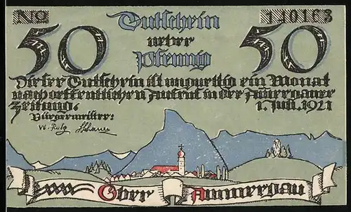 Notgeld Ober Ammergau 1921, 50 Pfennig, Ortsansicht mit Kirche