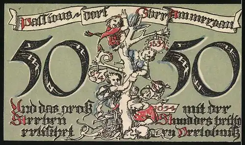 Notgeld Ober Ammergau 1921, 50 Pfennig, Ortsansicht mit Kirche