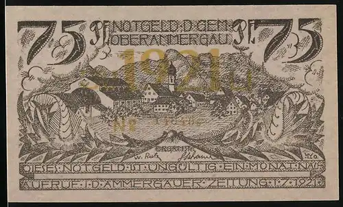Notgeld Oberammergau 1921, 75 Pfennig, Ortsansicht mit Kirche, Kreuz