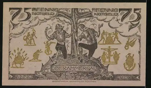 Notgeld Oberammergau 1921, 75 Pfennig, Ortsansicht mit Kirche, Kreuz