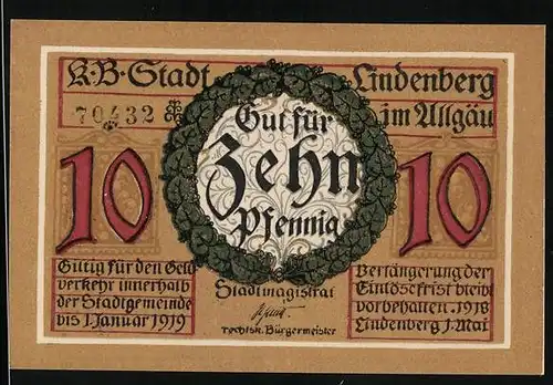 Notgeld Lindenberg 1919, 10 Pfennig, Soldat mit Bayonett