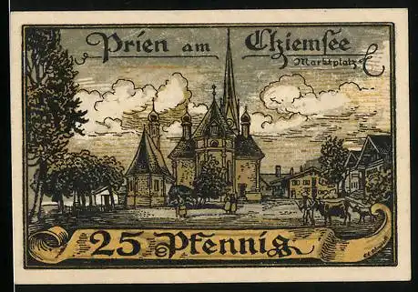 Notgeld Prien am Chiemsee 1920, 25 Pfennig, Kirche und Einwohner mit Kuh