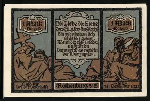 Notgeld Rothenburg o/T 1921, 1 Mark, Kirchtürme und Statuen