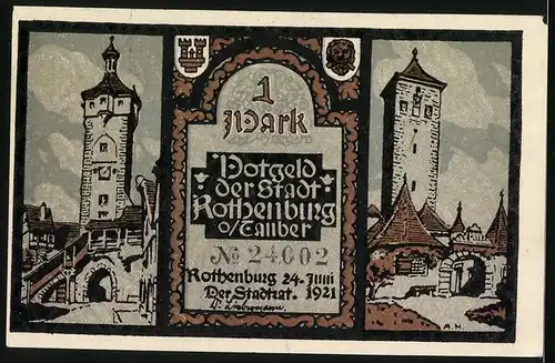 Notgeld Rothenburg o/T 1921, 1 Mark, Kirchtürme und Statuen