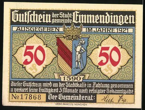Notgeld Emmendingen 1921, 50 Pfennig, Wappen und Cornelias-Grab
