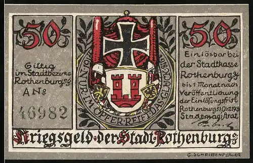 Notgeld Rothenburg 1918, 50 Pfennig, Wappen und Ritter