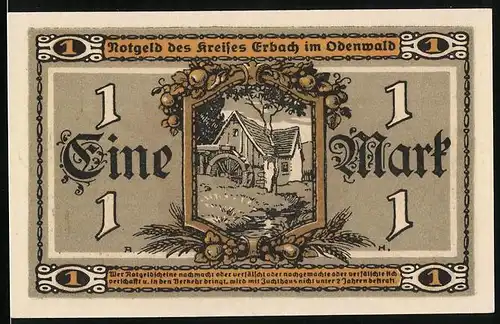 Notgeld Erbach im Odenwald 1919, 1 Mark, Mühle und Bäuerin