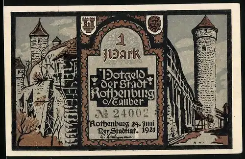 Notgeld Rothenburg o/Tauber 1921, 1 Mark, Stadtmauer und Statuen
