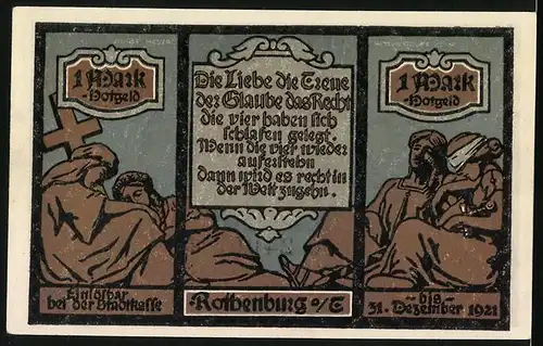 Notgeld Rothenburg o/Tauber 1921, 1 Mark, Stadtmauer und Statuen