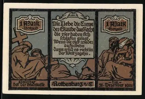Notgeld Rothenburg o/Tauber 1921, 1 Mark, Ortsansichten und Statuen