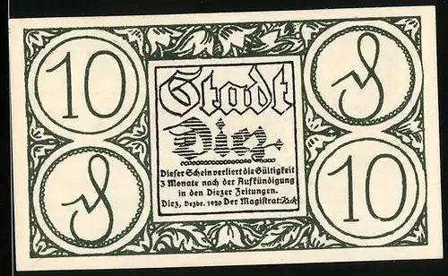 Notgeld Diez 1920, 10 Pfennig, Gesamtansicht mit Burg