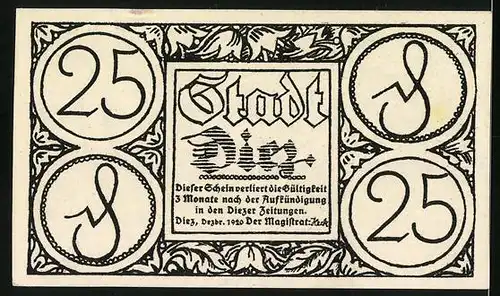 Notgeld Diez 1920, 25 Pfennig, Gesamtansicht mit Burg