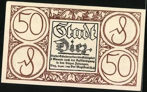 Notgeld Diez 1920, 50 Pfennig, Gesamtansicht mit Burg