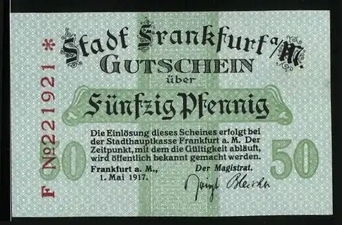 Notgeld Frankfurt a. M. 1917, 50 Pfennig, Kreuz und Wappen
