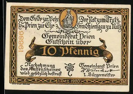 Notgeld Prien am Chiemsee 1920, 10 Pfennig, Ortsansicht