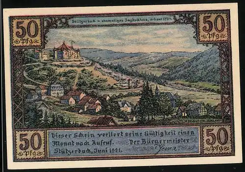 Notgeld Stützerbach 1921, 50 Pfennig, Gasthaus zum Weissen Ross und Altes Wirtshausschild