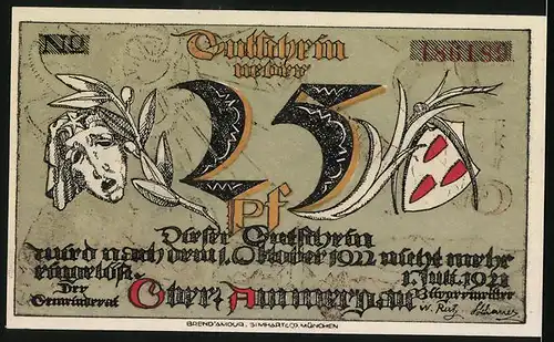 Notgeld Ober-Ammergau 1922, 25 Pfennig, Ortsansicht mit Kreuz und Sonne