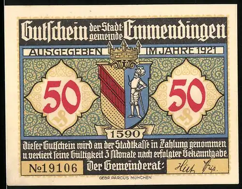 Notgeld Emmendingen 1921, 50 Pfennig, Wappen und Landsitz von Geheimrat Enderlin