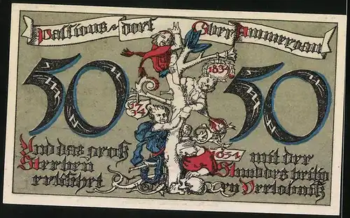 Notgeld Ober Ammergau 1921, 50 Pfennig, Ortsansicht mit Kirche