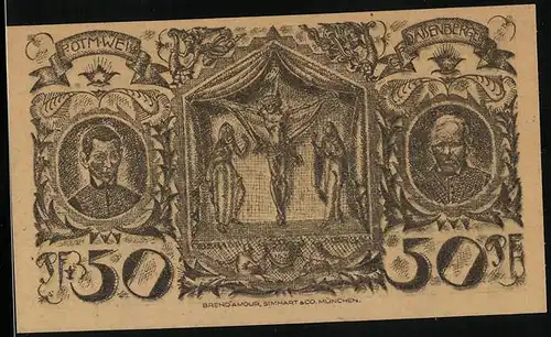 Notgeld Oberammergau 1921, 50 Pfennig, Jesus am Kreuz, Ortsansicht