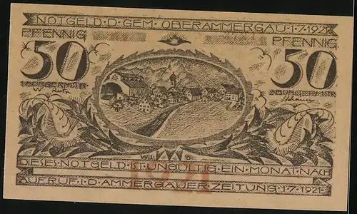 Notgeld Oberammergau 1921, 50 Pfennig, Jesus am Kreuz, Ortsansicht