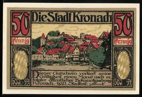 Notgeld Kronach 1921, 50 Pfennig, Ortsansicht und Wappen