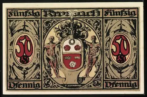 Notgeld Kronach 1921, 50 Pfennig, Ortsansicht und Wappen